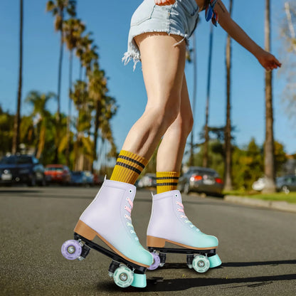 Women's Tricolored PU Leather Quad Roller Skates