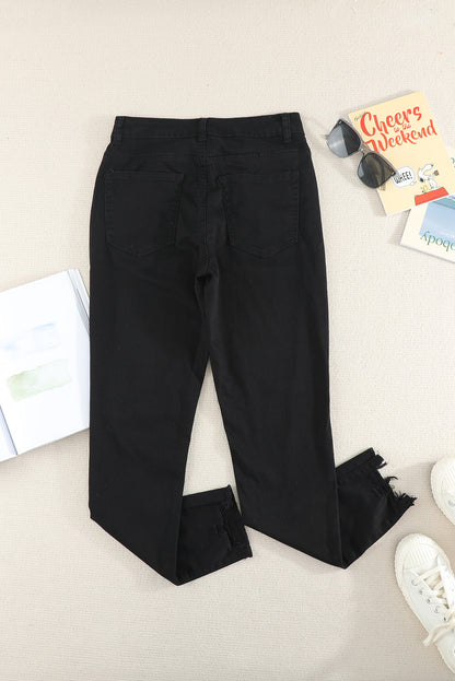 White Plain Buttons Frayed Raw Hem High Waist Denim Jeans