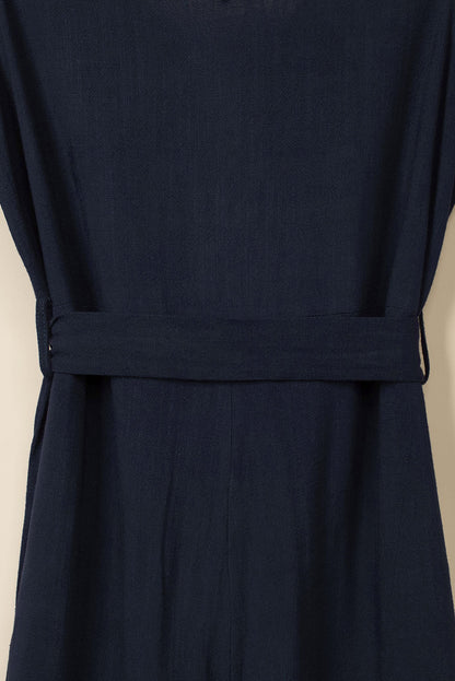 Blue V Neck Button Belted Jumpsuit With Pockets