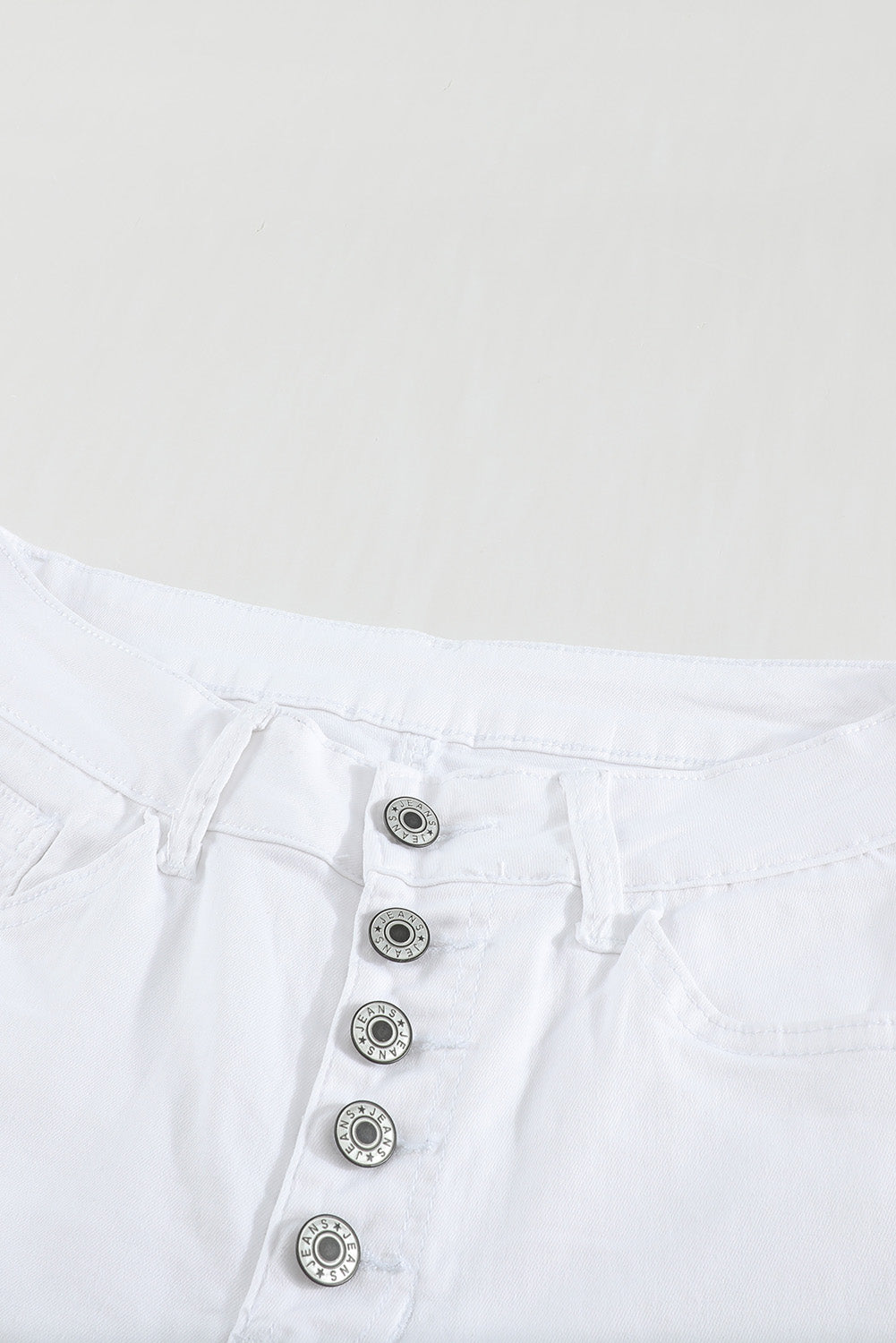 White Plain Buttons Frayed Raw Hem High Waist Denim Jeans