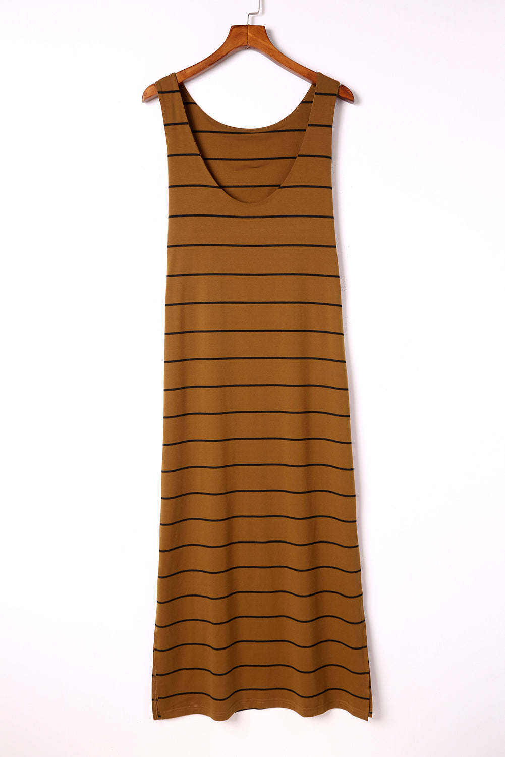 Brown Striped Backless Casual Side Slits Maxi Dress