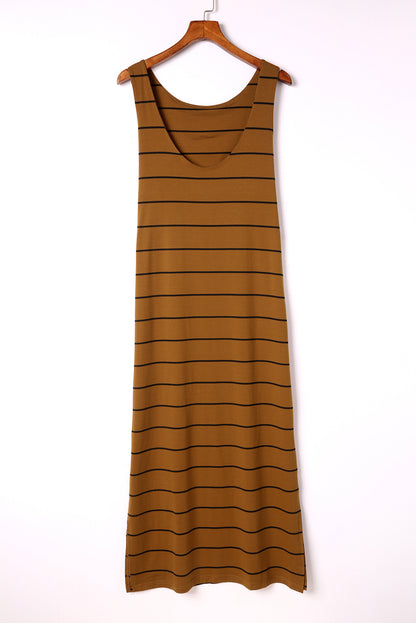 Brown Striped Backless Casual Side Slits Maxi Dress