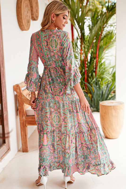 Green Paisley Print Boho Ruffle Trim Tied Maxi Dress