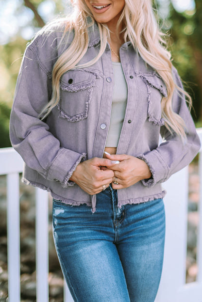 Green Distressed Flap Pockets Frayed Hem Denim Jacket