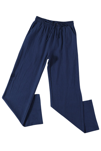 Dark Blue Pocket Drawstring Elastic Waist Straight Leg Pants
