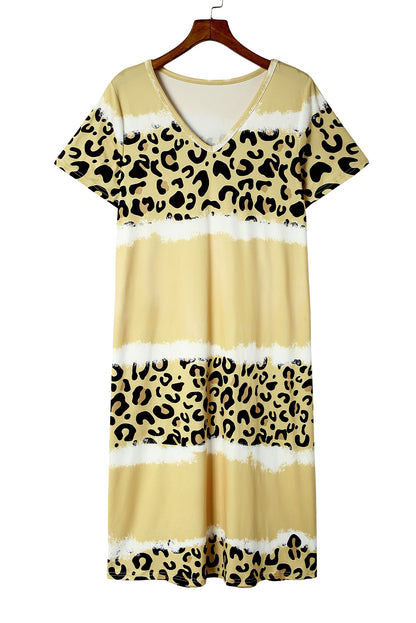 Rose Leopard Tie Dye Color Block V-Neck T-Shirt Dress