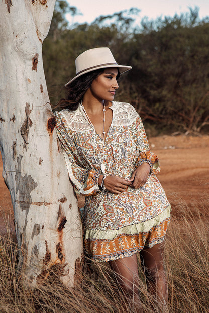 Multicolor Lace Splicing Split Neck Paisley Ruffle Mini Dress