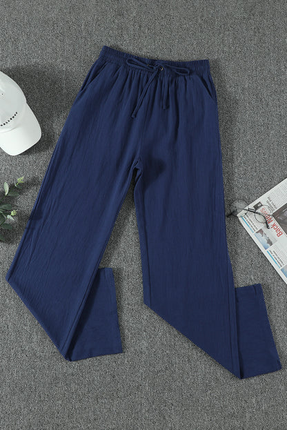 Dark Blue Pocket Drawstring Elastic Waist Straight Leg Pants