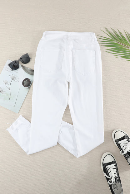 White Plain Buttons Frayed Raw Hem High Waist Denim Jeans