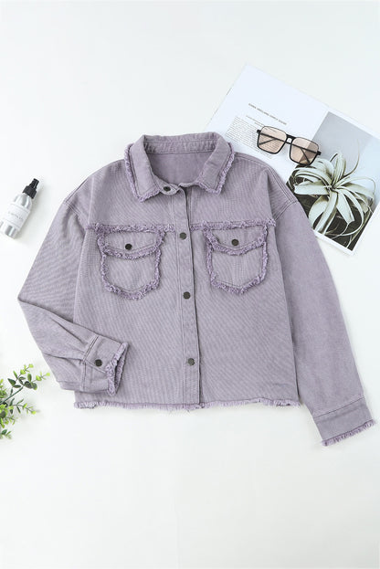 Green Distressed Flap Pockets Frayed Hem Denim Jacket