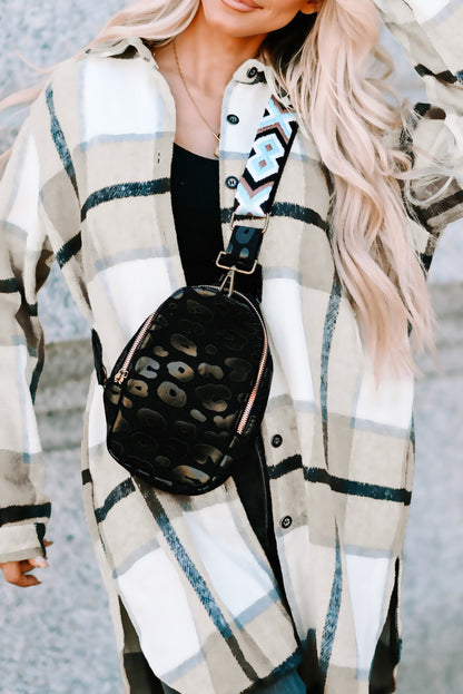 Black Leopard Geometric Print Strap Western Zip Crossbody Bag