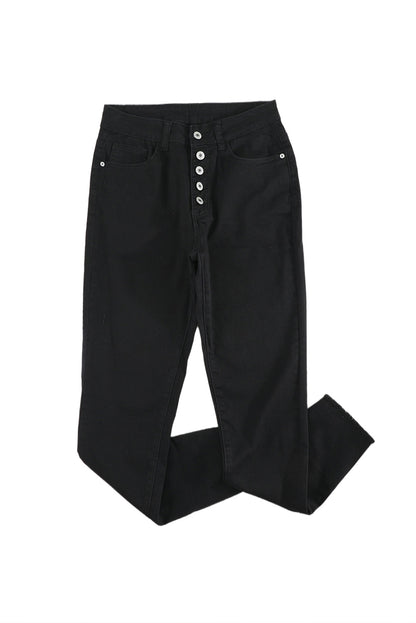 White Plain Buttons Frayed Raw Hem High Waist Denim Jeans