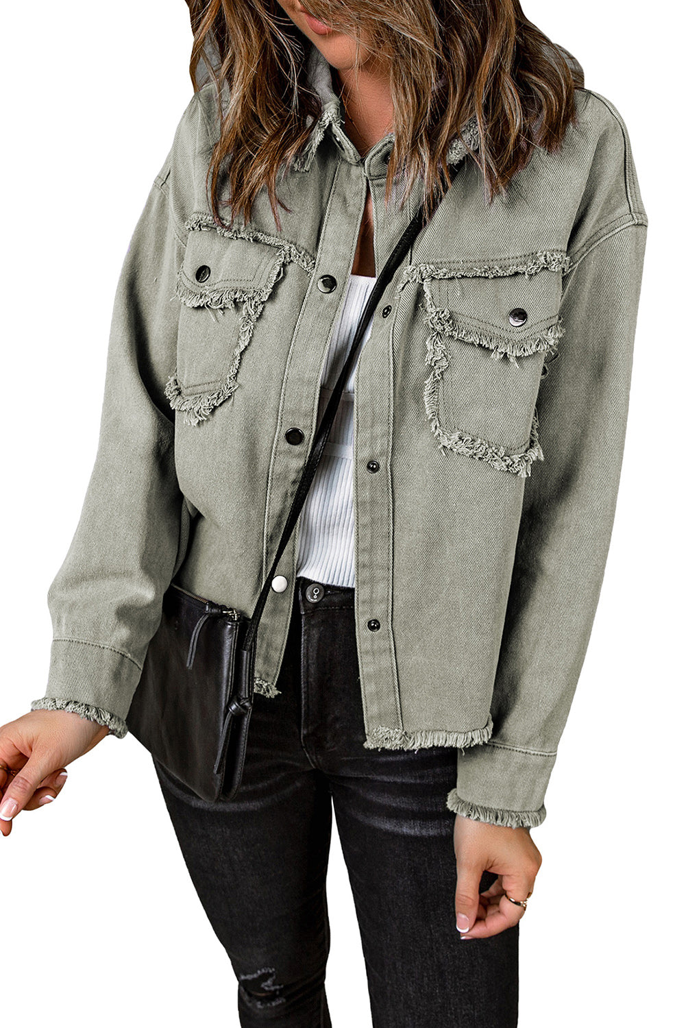 Green Distressed Flap Pockets Frayed Hem Denim Jacket