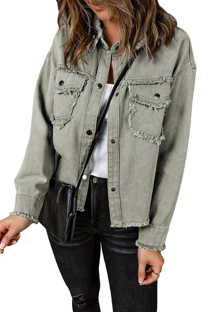 Green Distressed Flap Pockets Frayed Hem Denim Jacket