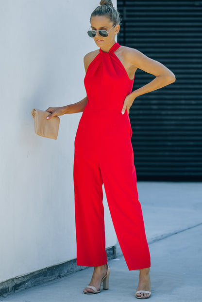 Casual Twist Neck Back Cut Out Sleeveless Red Jumpsuit