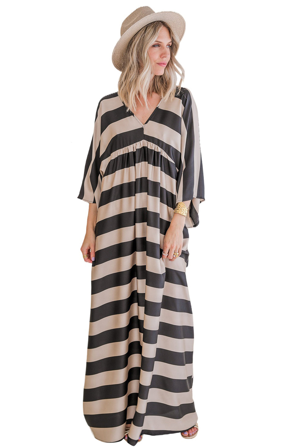 Black Striped Colorblock Flounce Sleeve Floor Length Dress