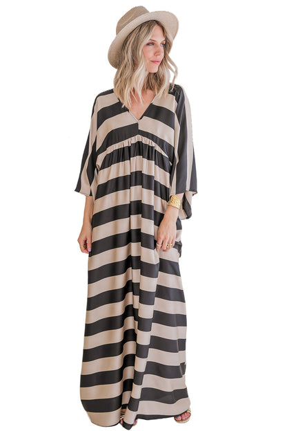 Black Striped Colorblock Flounce Sleeve Floor Length Dress