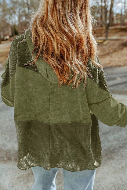Khaki Dark Washed Patchwork Zip Up Hooded Jacket