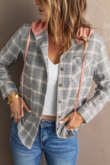 Khaki Drawstring Plaid Hooded Shirt Shacket