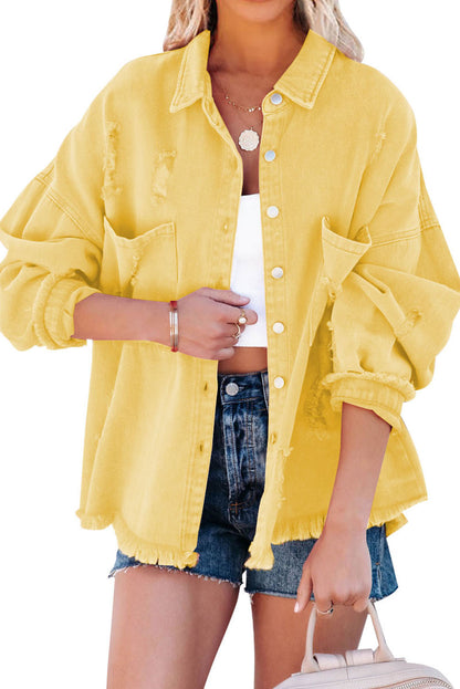 Yellow Distressed Raw Hem Denim Jacket with Chest Pockets