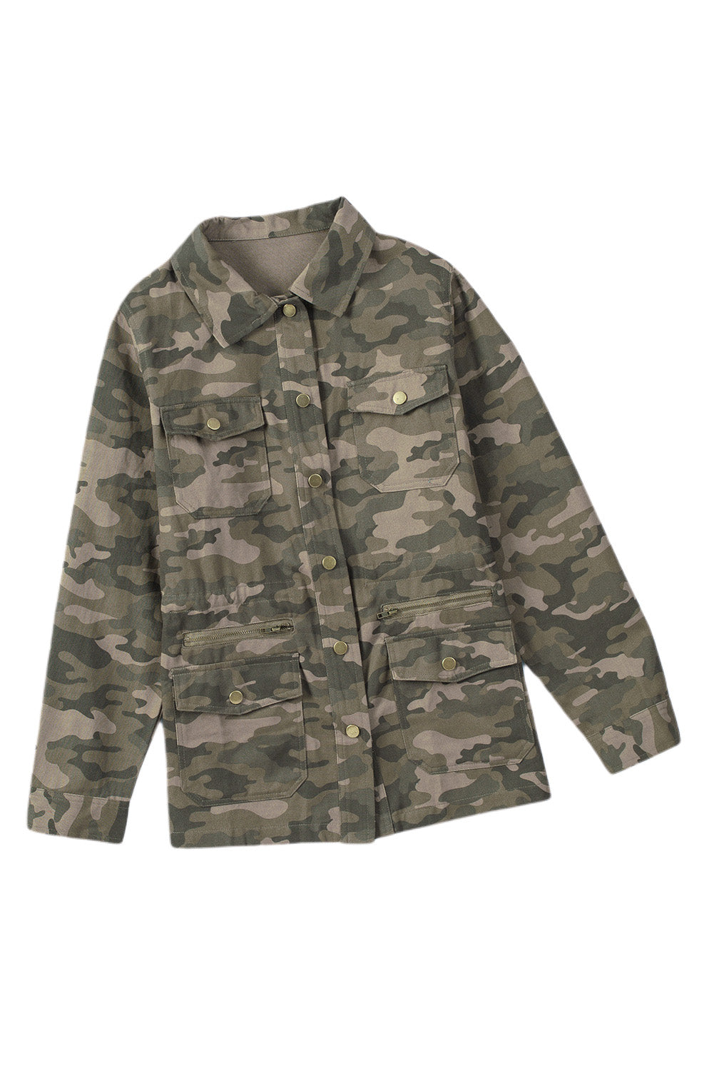 Green Camo Print Pockets Button Up Jacket