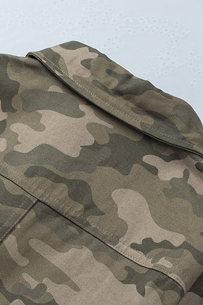 Green Camo Print Pockets Button Up Jacket