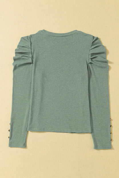 Green Basic Buttoned Puff Long Sleeve Sheath Top