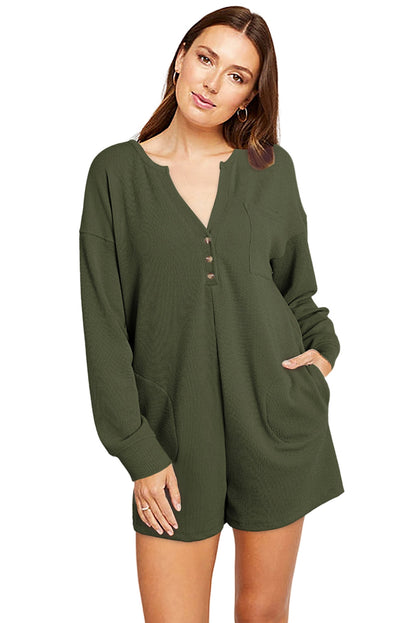 Green Henley V Neck Pocketed Ribbed Romper