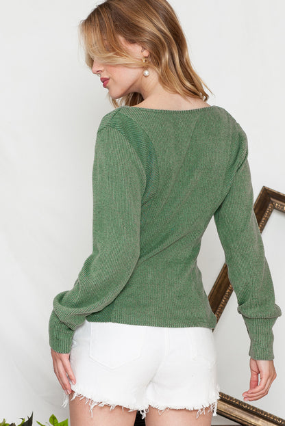 Brown U Neck Textured Long Sleeve Top