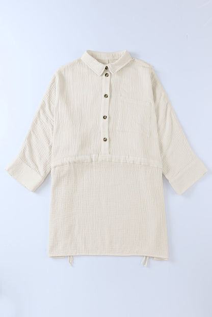 Beige Cotton Solid Color Buttoned Closure Long Sleeve Casual Dress