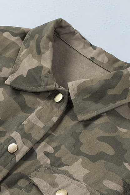 Green Camo Print Pockets Button Up Jacket