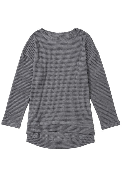 Green Waffle Knit Drop Sleeve High Slits Oversized Top