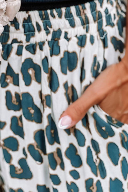 White Leopard Print Casual Drawstring Pocketed Wide Leg Pants