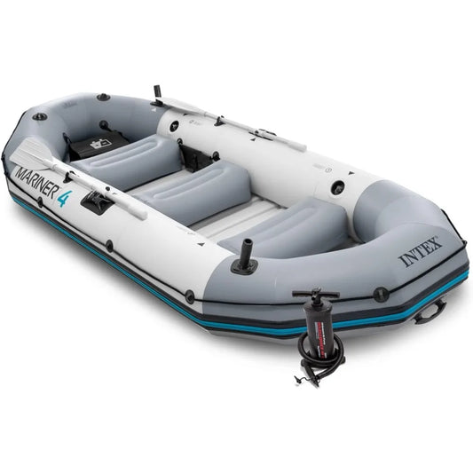 4-Person Inflatable Boat Set with Aluminum Oars and High Output Air Pump for Fishing and Boating in Rivers and Lakes