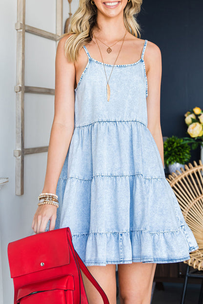 Light Blue Adjustable Straps Casual Tiered Ruffle Denim Dress