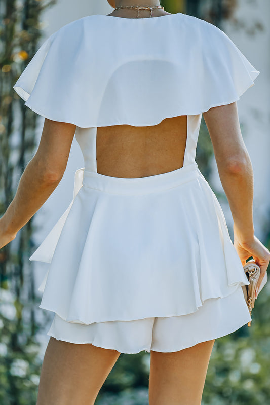 White Elegant Flounce Open Back Lace Up Wrap V Neck Romper