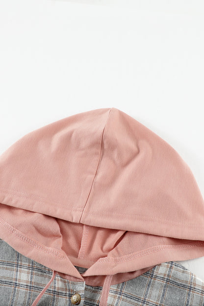 Khaki Drawstring Plaid Hooded Shirt Shacket