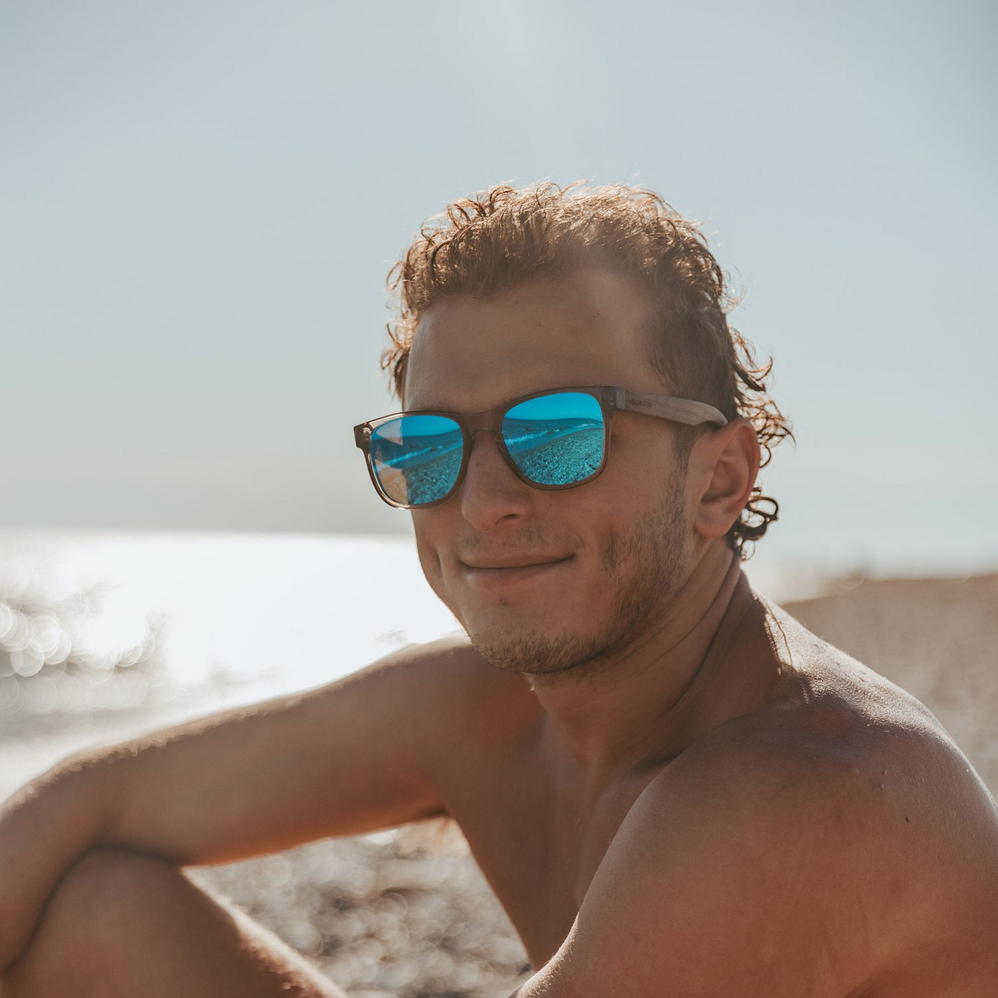 Walnut Wood Blue Polarized Mirror Lens Classic Style Sunglasses with Semi-Transparent Frame