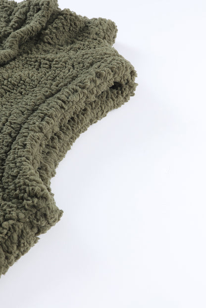 Green Snap Button Collared Stand Neck Sherpa Vest