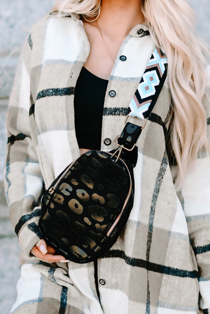 Black Leopard Geometric Print Strap Western Zip Crossbody Bag