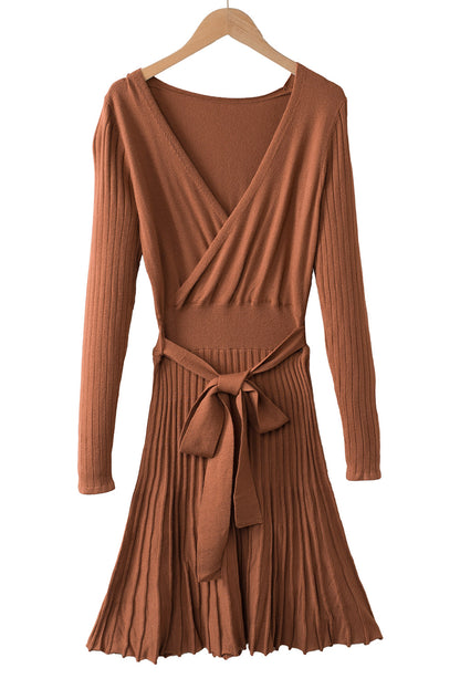 Brown Belted Wrap V Neck Ribbed Pleated Sweater Dress