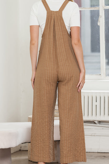 Brown Striped Pleated Pockets Wide Leg Jumpsuit