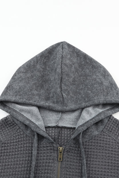 Khaki Dark Washed Patchwork Zip Up Hooded Jacket