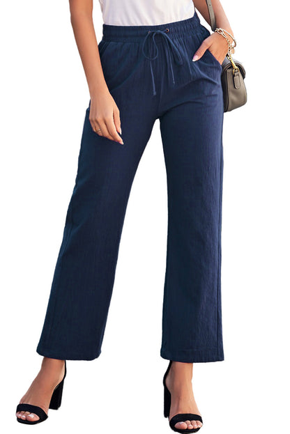 Dark Blue Pocket Drawstring Elastic Waist Straight Leg Pants