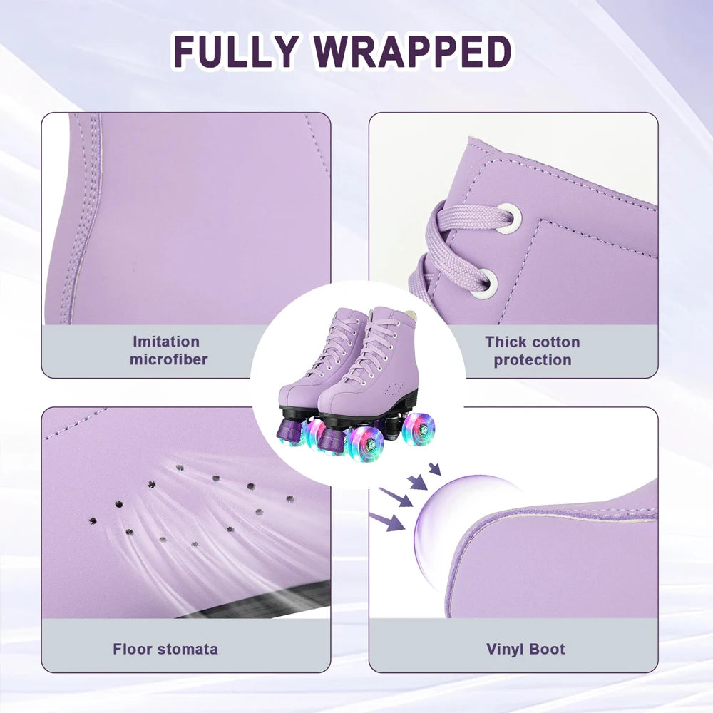Women's Purple PU Leather Quad Roller Skates with LED Wheels