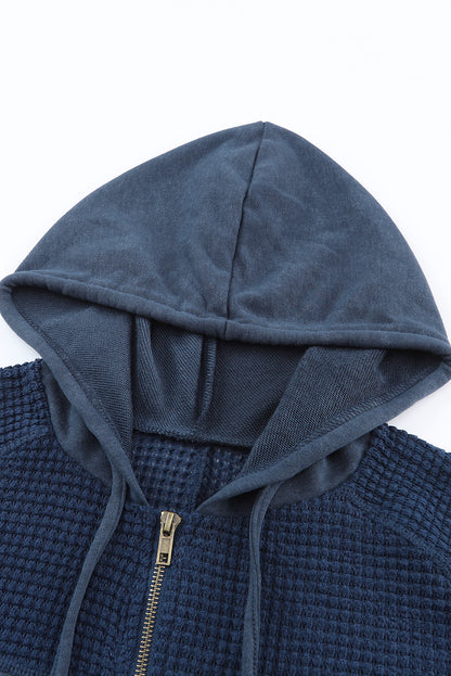 Khaki Dark Washed Patchwork Zip Up Hooded Jacket