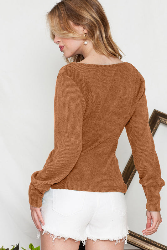 Brown U Neck Textured Long Sleeve Top