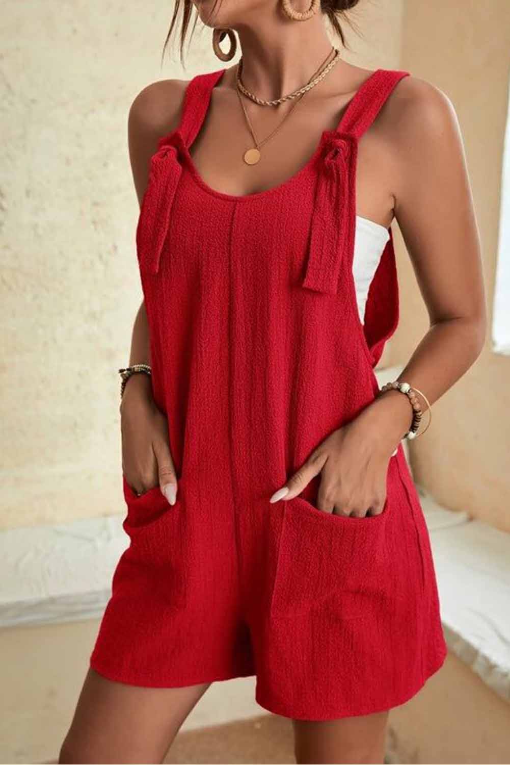 Black Shoulder Strap Pocket Textured Romper