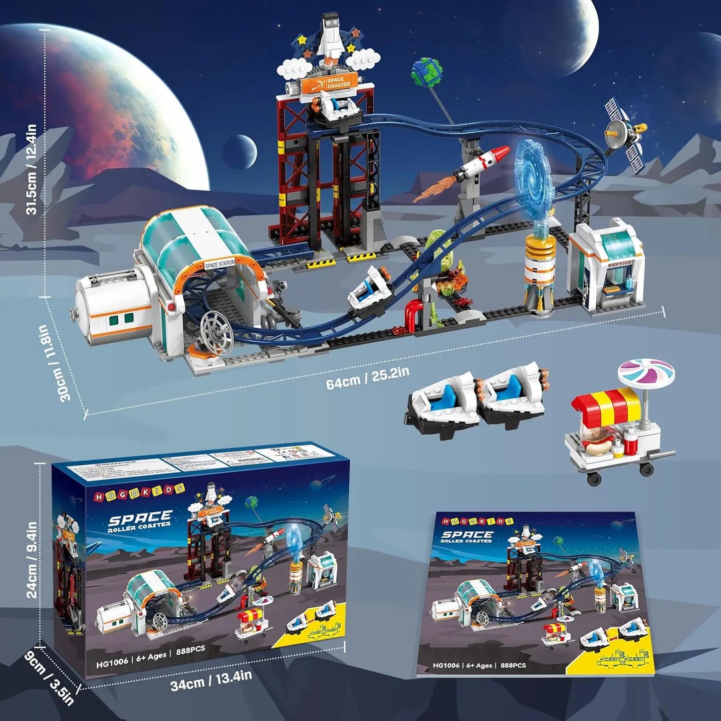 HOGOKIDS Space Roller Coaster Building Toy-888PCS Building Set Features Lift Platform, Satellites, Rocket Buildable  Park