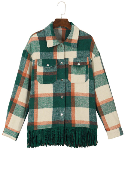 Black Plaid Snap Button Pocket Fringed Hem Shacket